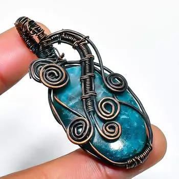 Неоново-синий апатит, драгоценный камень, подвеска ручной работы из медной проволоки, длина 2,17 дюйма 2.17 синий