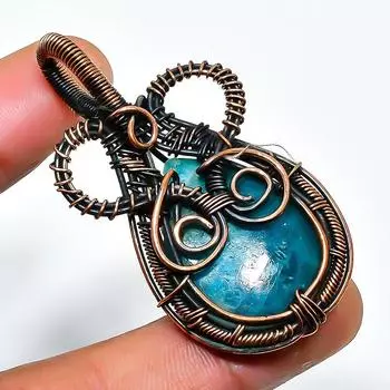 Неоново-синий апатит, драгоценный камень, подвеска ручной работы из медной проволоки, длина 2,17 дюйма 2.17 синий