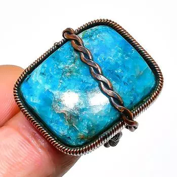 Неоново-синий апатит, драгоценный камень, ювелирное кольцо ручной работы из медной проволоки, размер 7,5