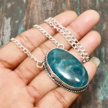 Неоново-синий апатит, драгоценный камень, ювелирное ожерелье ручной работы из стерлингового серебра 925 пробы для женщин 19.5 Inches синий