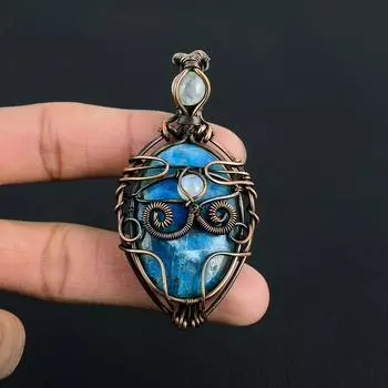 Неоново-синий апатит и лунный камень, драгоценный камень, обертка из чистой медной проволоки, удивительный ювелирный кулон ручной работы 2.56 Inches синий