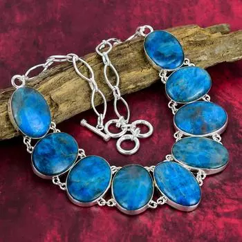 Неоново-синий апатит, ожерелье из стерлингового серебра 925 пробы, ювелирные изделия ручной работы, регулируемое ожерелье-цепочка для свадебного подарка Adjustable with 18 inches синий