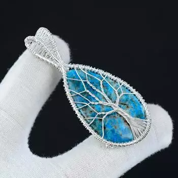 Неоново-синий апатит, подвеска, драгоценный камень, подвеска из стерлингового серебра 925 пробы ручной работы, ювелирные изделия из серебряной проволоки, ювелирные изделия из проволочной обмотки Древо жизни 2.16 синий