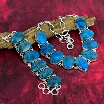 Неоново-синий апатит, стерлинговое серебро 925 пробы, ювелирные изделия, браслет и ожерелье, комплект ювелирных изделий для нее, элегантный комплект ювелирных изделий ручной работы из драгоценных камней для подарка на день рождения Adjustable With 8 -18