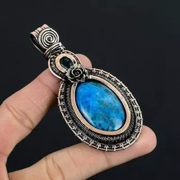 Неоново-синий кулон с апатитом, медная проволока, кулон с апатитом, кулон с драгоценным камнем, кулон ручной работы, ювелирные изделия с апатитом, подарки для подруги синий