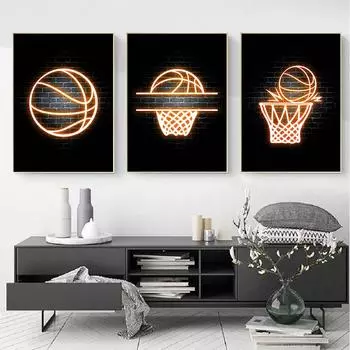 Неоновые баскетбольные настенные постеры, холст, живопись, скандинавские виды спорта, настенные художественные принты, подарки для мальчиков, подростков, спальня, спортзал, декор без рамки 21x30cm No Framed