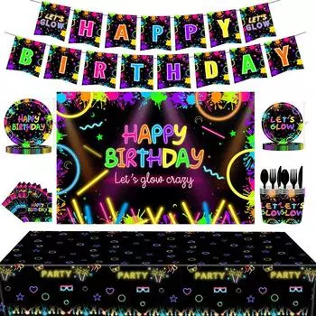 Неоновые огни Танцевальная вечеринка Светящаяся тема Одноразовая посуда Let s Glow Тарелки для дня рождения Бумажные стаканчики Принадлежности для вытягивания флагов Black Knife 24pcs