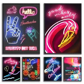 Неоновый эффект, холст, живопись, огни большого города, скандинавские постеры и принты, фламинго, фотографии для кафе-бара, комнаты, домашний декор, фрески без рамки 21*30cm