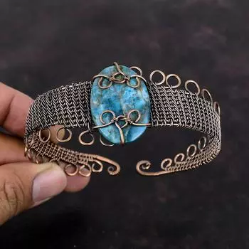 Неоновый апатит, драгоценный камень, браслет, медная проволока, браслет-манжета, браслет ручной работы, ювелирные изделия из медной проволоки, регулируемый браслет-манжета, подарок для матери