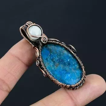 Неоновый апатит и лунный камень, драгоценные камни, медная проволока ручной работы, ювелирные изделия, прекрасный кулон для любви 2.48 Inches синий