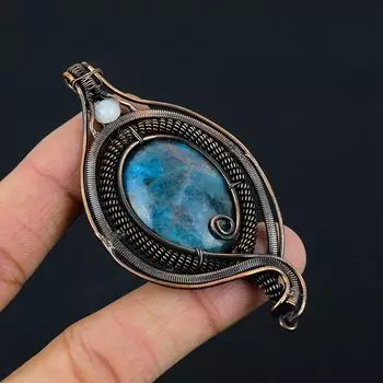 Неоновый апатит, лунный камень, драгоценный камень, чистая медная проволока, обернутая дизайнерской подвеской ручной работы, ювелирный подарок для женщины 3.15 Inches неон синий