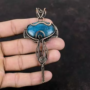 Неоновый апатитовый кулон, обернутый медной проволокой, антикварное медное украшение, подвеска из настоящего драгоценного камня, неоновый апатитовый ювелирный подарок, подвеска ручной работы