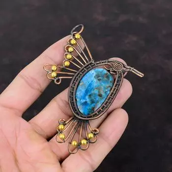 Неоновый апатитовый кулон, обернутый медной проволокой, кулон ручной работы, красивые медные украшения, изящный кулон в виде птицы, драгоценные камни, подарок для него