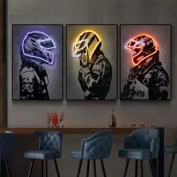 Неоновый дизайн гоночный автомобиль водитель шлем плакат холст картина настенное искусство для современной гостиной украшение дома без светодиода 21*30cm No Frame