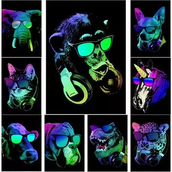 Неоновый дизайн, обезьяна, слон, собака, кошка, кролик, постеры, холст, картина, крутое животное, DJ, настенная картина для гостиной, украшение дома 21x30cm No Frame