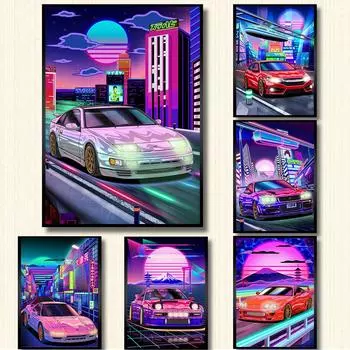 Неоновый панк гоночная игра Stree Wall Art Poster крутая картина с автомобилем детская комната для мальчиков украшение холст печать изображение 21cm30cm NoFrame