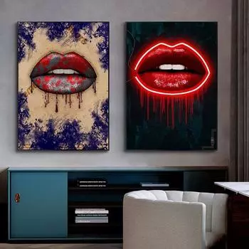 Неоновый плакат для губ с принтом, украшение для дома, красные губы, поп-культура, современная гостиная, украшение на стену, картина маслом, художественная рамка 21cm30cm NoFrame
