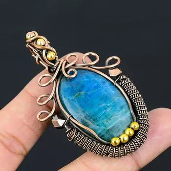 Неоновый синий апатит драгоценный камень чистая медная проволока обернутая ювелирные изделия ручной работы кулон для нее 2.76 Inches синий