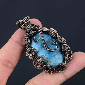 Неоновый синий апатит драгоценный камень медная проволока обертка ручной работы кулон ювелирный подарок для любви 2.44 Inches неон синий