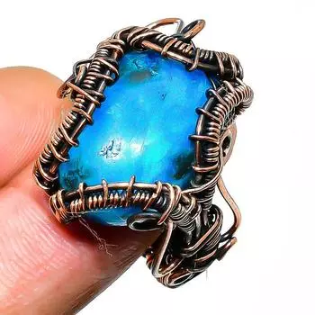 Неоновый синий апатит драгоценный камень ручная работа медная проволока обертка ювелирное кольцо размер 11.5