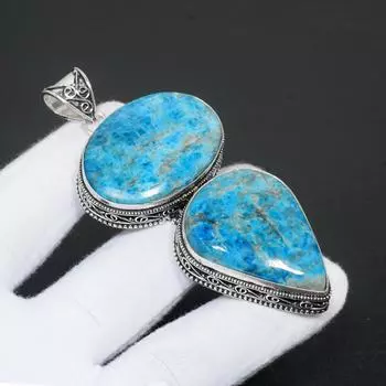 Неоновый Синий Апатит Драгоценный Камень Ручной Работы Стерлингового Серебра 925 Ювелирный Подвеска Натуральный Синий Апатит Двойной Синий Апатит Подвеска Из Драгоценного Камня Для Подарков 2.75 синий