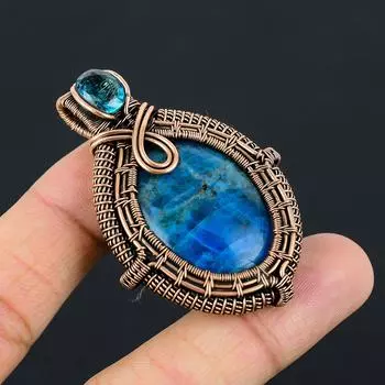 Неоновый синий апатитовый драгоценный камень Чистая медная проволока, обернутая ручной подвеской, ювелирные изделия для рождественского подарка 2.17 Inches синий