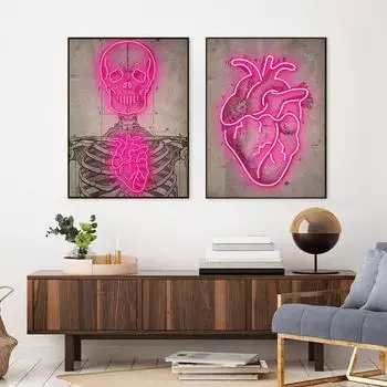 Неоновый скелет, винтажная диаграмма, художественный принт, медицинский плакат, современное неоновое сердце, холст, картина, доктор, офисная комната, настенные панно, Декор 21x30cm No Framed