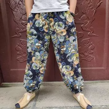 Непальские Донгба Унисекс Шаровары с широким шагом, Этнические танцевальные брюки из тайского хлопка, Большой размер One Size