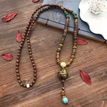 Непальское ретро длинное ожерелье цепочка для свитера дерево венге мужское и женское бусины бодхи модные универсальные аксессуары