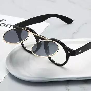 Неполяризованные круглые солнцезащитные очки в стиле стимпанк для женщин и мужчин, модные очки с откидной оправой, круглые винтажные готические двухслойные очки