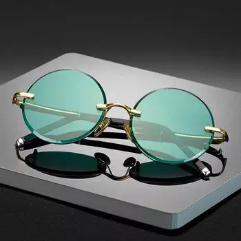Неполяризованные модные классические солнцезащитные очки без оправы для женщин и мужчин, темно-зеленые линзы, солнцезащитные очки, круглые очки, летние декоративные очки