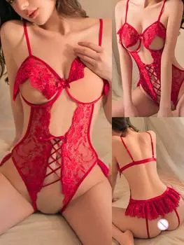 Непослушное нижнее белье Сексуальный открытый бюстгальтер Боди с открытой промежностью Соблазнительное бандажное нижнее белье Эротические рубашки для сна Экзотическая ночная рубашка Plus M