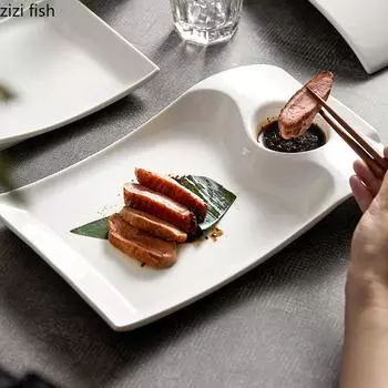 Неправильная прямоугольная тарелка Керамическая столовая посуда Тарелка для пельменей Тарелка для закусок Сервировочная тарелка Блюдо для стейка Художественная концепция Столовая посуда