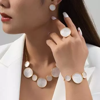Неправильный круглый браслет, ожерелье, серьги, кольцо, комплект белый