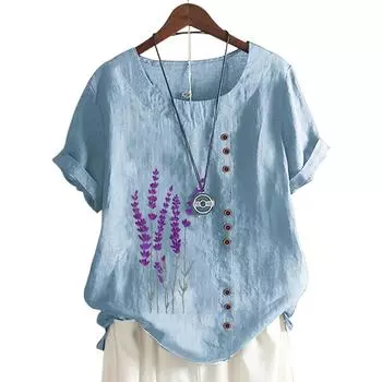 Непринужденный стильный женский топ с круглым вырезом, цветочным принтом и украшением на пуговицах S зелёный