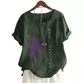 Непринужденный стильный женский топ с круглым вырезом, цветочным принтом и украшением на пуговицах S зелёный