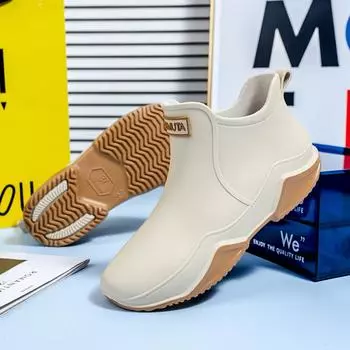 Непромокаемая обувь до щиколотки, женская непромокаемая обувь для воды, резиновые сапоги из ПВХ на плоской подошве, женские модные однотонные рыболовные ботинки, одинарная обувь 36 чёрный