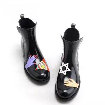 Непромокаемые ботильоны из ПВХ с граффити, женские резиновые сапоги на плоском каблуке, водонепроницаемая обувь для воды, женские резиновые сапоги Tr199 35 чёрный
