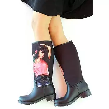 Непромокаемые модные женские резиновые сапоги с принтом В20752