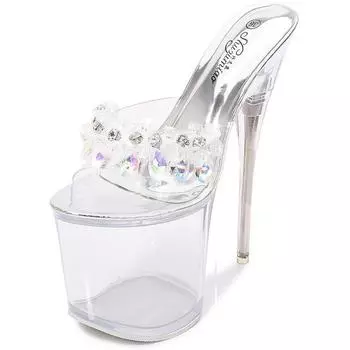 Непромокаемые прогулочные туфли на очень высоком каблуке на тонком каблуке, танцевальная обувь на стальной трубе, прозрачная серия 10366, размер 20 см 34 серебряный