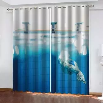 Непрозрачные шторы 3D Blue Pool Swimmer Pattern Window Drape Blackout Grommet Top Window Treatment For Bedroom Living Room 70Wx160Hcmx2&Grommet Top