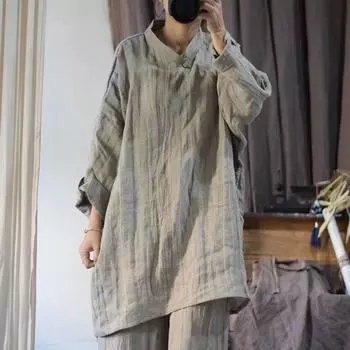 Нерегулярная льняная винтажная футболка в китайском стиле, осенняя женская модная футболка с длинными рукавами