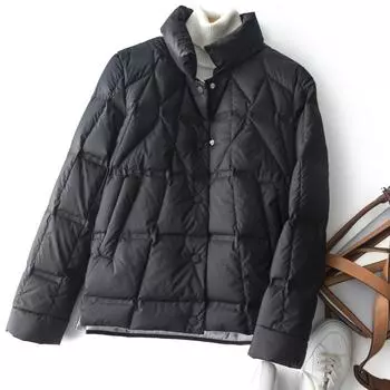 Нерегулярная простежка новая мода ромбовидный и тонкий пух женский короткий воротник стойка свободный теплый зимний S светло-синий