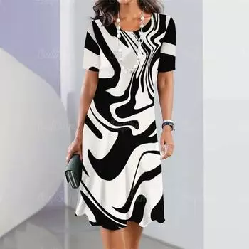 Нерегулярно полосатый 3D принт платье летние женские платья женская круглая горловина с короткими рукавами одежда свободный пуловер S
