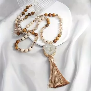 Нерегулярное цветное ожерелье из натурального камня с подвеской-кисточкой в стиле бохо, цепочка на шею, длинная цепочка для свитера, подходит для повседневной носки коричневый