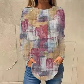 Нерегулярные цветные блоки 3D Pattern Print Женские футболки Осенние повседневные хлопковые футболки с длинными рукавами Топы Женская одежда Уличная одежда S