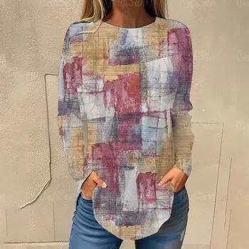 Нерегулярные цветные блоки Узор Принт Женские футболки Осенние повседневные хлопковые футболки с длинными рукавами Топы Женская одежда Уличная одежда L0810