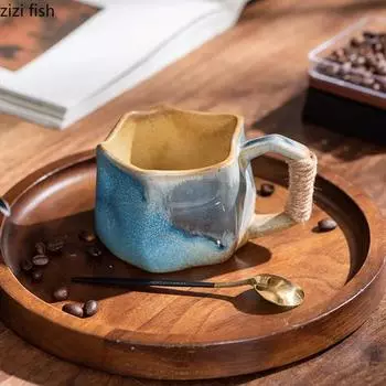 Нерегулярные изменения Killn Керамическая кружка Грубая керамика Завязка Веревка Ручка Чашка для молока Кофейная чашка Чашка для латте Офисные чайные чашки Чашки для воды 250ML