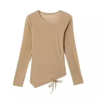 Нерегулярные плиссированные скошенные горловины модная базовая рубашка для женщин зимой новый дизайн футболки и топ на талии с завязками M