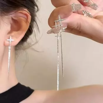 Нерегулярные серьги с крестообразной бахромой, серебряные игольчатые темпераментные женские длинные стильные серьги высокого класса, простые серьги из сплава